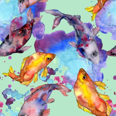 Benekli su sualtı renkli balık ayarlayın. Kızıldeniz ve egzotik balıkları içinde. Suluboya resim kümesi. Suluboya çizim moda aquarelle. Sorunsuz arka plan deseni. Kumaş duvar kağıdı yazdırma.