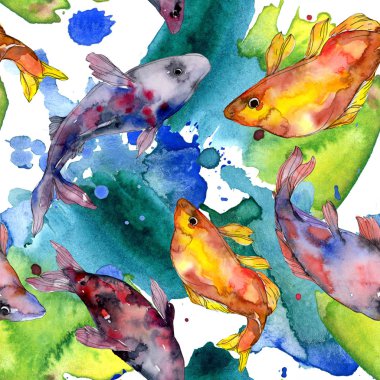 Benekli su sualtı renkli balık ayarlayın. Kızıldeniz ve egzotik balıkları içinde. Suluboya resim kümesi. Suluboya çizim moda aquarelle. Sorunsuz arka plan deseni. Kumaş duvar kağıdı yazdırma.