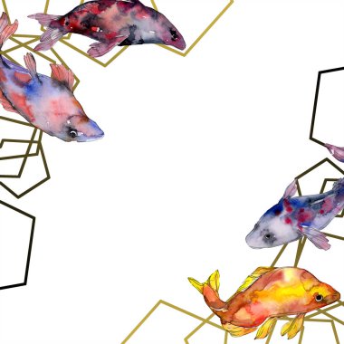 Benekli su sualtı renkli balık ayarlayın. Kızıldeniz ve egzotik balıkları içinde. Suluboya arka plan illüstrasyon küme. Suluboya çizim moda aquarelle izole. Çerçeve kenarlığı süsleme Meydanı.