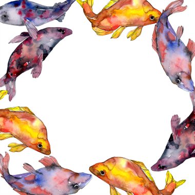 Benekli su sualtı renkli balık ayarlayın. Kızıldeniz ve egzotik balıkları içinde. Suluboya arka plan illüstrasyon küme. Suluboya çizim moda aquarelle izole. Çerçeve kenarlığı süsleme Meydanı.