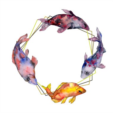Benekli su sualtı renkli balık ayarlayın. Kızıldeniz ve egzotik balıkları içinde. Suluboya arka plan illüstrasyon küme. Suluboya çizim moda aquarelle izole. Çerçeve kenarlığı süsleme Meydanı.