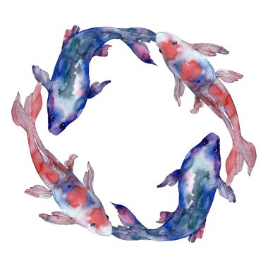 Benekli su sualtı renkli balık ayarlayın. Kızıldeniz ve egzotik balıkları içinde. Suluboya arka plan illüstrasyon küme. Suluboya çizim moda aquarelle izole. Çerçeve kenarlığı süsleme Meydanı.