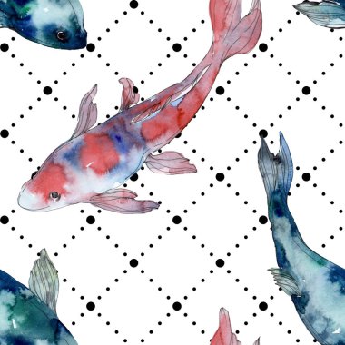 Benekli su sualtı renkli balık ayarlayın. Kızıldeniz ve egzotik balıkları içinde. Suluboya resim kümesi. Suluboya çizim moda aquarelle. Sorunsuz arka plan deseni. Kumaş duvar kağıdı yazdırma.