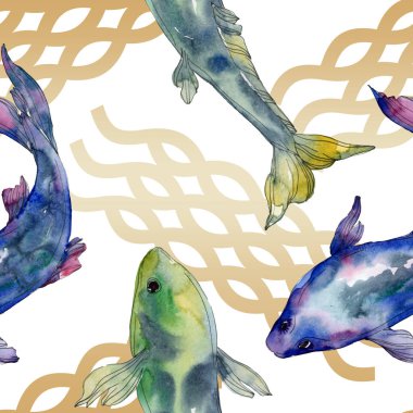 Benekli su sualtı renkli balık ayarlayın. Kızıldeniz ve egzotik balıkları içinde. Suluboya resim kümesi. Suluboya çizim moda aquarelle. Sorunsuz arka plan deseni. Kumaş duvar kağıdı yazdırma.