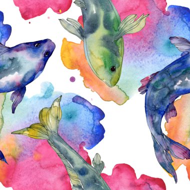 Benekli su sualtı renkli balık ayarlayın. Kızıldeniz ve egzotik balıkları içinde. Suluboya resim kümesi. Suluboya çizim moda aquarelle. Sorunsuz arka plan deseni. Kumaş duvar kağıdı yazdırma.