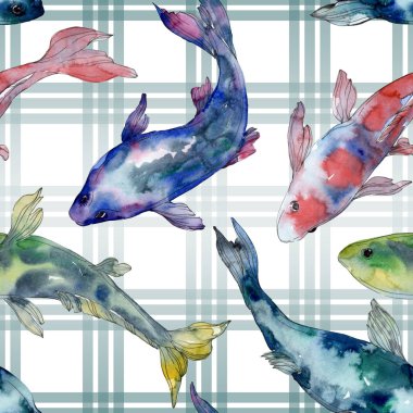 Benekli su sualtı renkli balık ayarlayın. Kızıldeniz ve egzotik balıkları içinde. Suluboya resim kümesi. Suluboya çizim moda aquarelle. Sorunsuz arka plan deseni. Kumaş duvar kağıdı yazdırma.