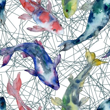Benekli su sualtı renkli balık ayarlayın. Kızıldeniz ve egzotik balıkları içinde. Suluboya resim kümesi. Suluboya çizim moda aquarelle. Sorunsuz arka plan deseni. Kumaş duvar kağıdı yazdırma.