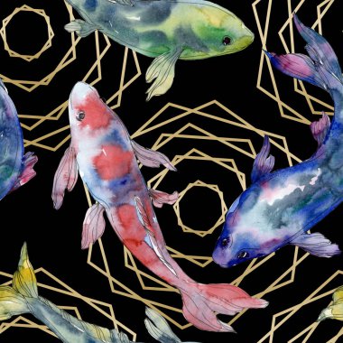Benekli su sualtı renkli balık ayarlayın. Kızıldeniz ve egzotik balıkları içinde. Suluboya resim kümesi. Suluboya çizim moda aquarelle. Sorunsuz arka plan deseni. Kumaş duvar kağıdı yazdırma.