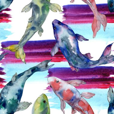 Benekli su sualtı renkli balık ayarlayın. Kızıldeniz ve egzotik balıkları içinde. Suluboya resim kümesi. Suluboya çizim moda aquarelle. Sorunsuz arka plan deseni. Kumaş duvar kağıdı yazdırma.