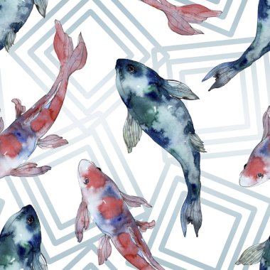 Benekli su sualtı renkli balık ayarlayın. Kızıldeniz ve egzotik balıkları içinde. Suluboya resim kümesi. Suluboya çizim moda aquarelle. Sorunsuz arka plan deseni. Kumaş duvar kağıdı yazdırma.