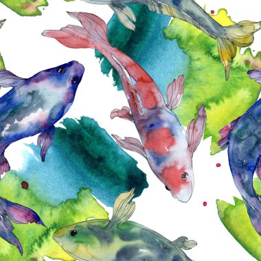 Benekli su sualtı renkli balık ayarlayın. Kızıldeniz ve egzotik balıkları içinde. Suluboya resim kümesi. Suluboya çizim moda aquarelle. Sorunsuz arka plan deseni. Kumaş duvar kağıdı yazdırma.