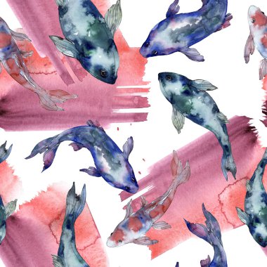 Benekli su sualtı renkli balık ayarlayın. Kızıldeniz ve egzotik balıkları içinde. Suluboya resim kümesi. Suluboya çizim moda aquarelle. Sorunsuz arka plan deseni. Kumaş duvar kağıdı yazdırma.