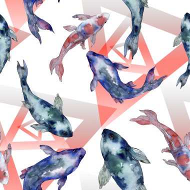 Benekli su sualtı renkli balık ayarlayın. Kızıldeniz ve egzotik balıkları içinde. Suluboya resim kümesi. Suluboya çizim moda aquarelle. Sorunsuz arka plan deseni. Kumaş duvar kağıdı yazdırma.