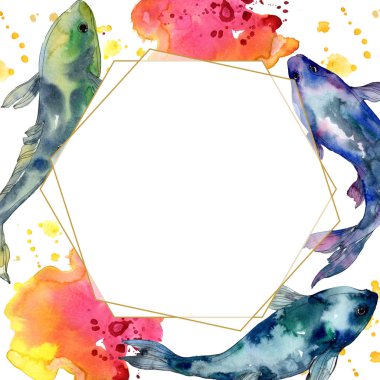 Benekli su sualtı renkli balık ayarlayın. Kızıldeniz ve egzotik balıkları içinde. Suluboya arka plan illüstrasyon küme. Suluboya çizim moda aquarelle izole. Çerçeve kenarlığı süsleme Meydanı.