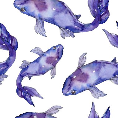 Aquatic fish set. Red sea and exotic fishes inside: Goldfish. Watercolor illustration set. Watercolour drawing fashion aquarelle. Seamless background pattern. Fabric wallpaper print texture. clipart