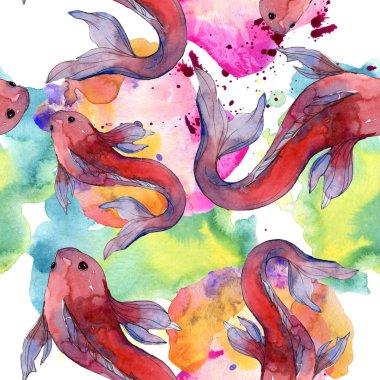 Su Balık seti. Kızıldeniz ve egzotik balıkları içinde: Goldfish. Suluboya resim kümesi. Suluboya çizim moda aquarelle. Sorunsuz arka plan deseni. Kumaş duvar kağıdı yazdırma doku.