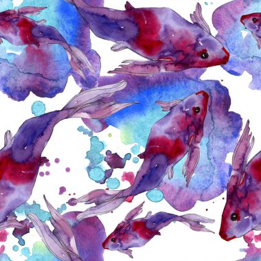 Su Balık seti. Kızıldeniz ve egzotik balıkları içinde: Goldfish. Suluboya resim kümesi. Suluboya çizim moda aquarelle. Sorunsuz arka plan deseni. Kumaş duvar kağıdı yazdırma doku.