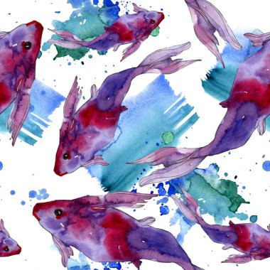 Su Balık seti. Kızıldeniz ve egzotik balıkları içinde: Goldfish. Suluboya resim kümesi. Suluboya çizim moda aquarelle. Sorunsuz arka plan deseni. Kumaş duvar kağıdı yazdırma doku.