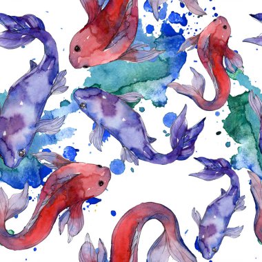 Su Balık seti. Kızıldeniz ve egzotik balıkları içinde: Goldfish. Suluboya resim kümesi. Suluboya çizim moda aquarelle. Sorunsuz arka plan deseni. Kumaş duvar kağıdı yazdırma doku.