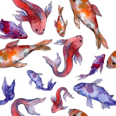 Su Balık seti. Kızıldeniz ve egzotik balıkları içinde: Goldfish. Suluboya resim kümesi. Suluboya çizim moda aquarelle. Sorunsuz arka plan deseni. Kumaş duvar kağıdı yazdırma doku.