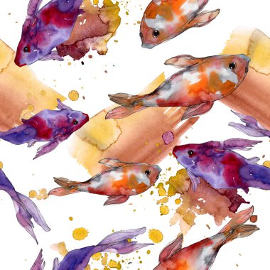 Su Balık seti. Kızıldeniz ve egzotik balıkları içinde: Goldfish. Suluboya resim kümesi. Suluboya çizim moda aquarelle. Sorunsuz arka plan deseni. Kumaş duvar kağıdı yazdırma doku.