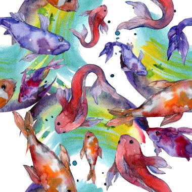 Aquatic fish set. Red sea and exotic fishes inside: Goldfish. Watercolor illustration set. Watercolour drawing fashion aquarelle. Seamless background pattern. Fabric wallpaper print texture. clipart