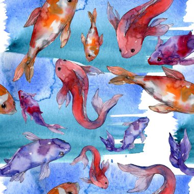 Su Balık seti. Kızıldeniz ve egzotik balıkları içinde: Goldfish. Suluboya resim kümesi. Suluboya çizim moda aquarelle. Sorunsuz arka plan deseni. Kumaş duvar kağıdı yazdırma doku.