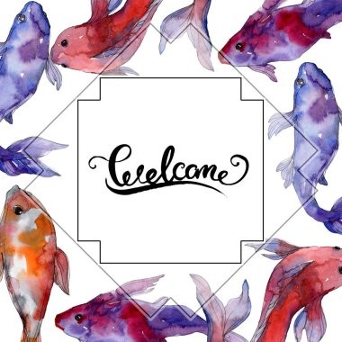 Su sualtı tropikal balık seti. Kızıldeniz ve egzotik balıkları içinde: Goldfish. Suluboya arka plan illüstrasyon küme. Suluboya çizim moda aquarelle izole. Çerçeve kenarlığı süsleme Meydanı.