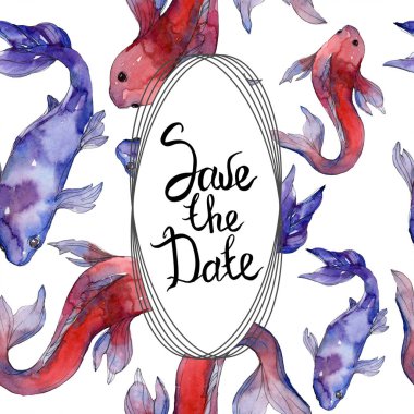 Su sualtı tropikal balık seti. Kızıldeniz ve egzotik balıkları içinde: Goldfish. Suluboya arka plan illüstrasyon küme. Suluboya çizim moda aquarelle izole. Çerçeve kenarlığı süsleme Meydanı.