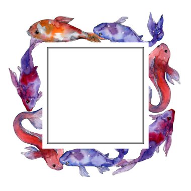 Su sualtı tropikal balık seti. Kızıldeniz ve egzotik balıkları içinde: Goldfish. Suluboya arka plan illüstrasyon küme. Suluboya çizim moda aquarelle izole. Çerçeve kenarlığı süsleme Meydanı.