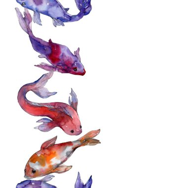 Su Balık seti. Kızıldeniz ve egzotik balıkları içinde: Goldfish. Suluboya resim kümesi. Suluboya çizim moda aquarelle. Sorunsuz arka plan deseni. Kumaş duvar kağıdı yazdırma doku.
