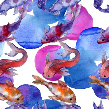 Su Balık seti. Kızıldeniz ve egzotik balıkları içinde: Goldfish. Suluboya resim kümesi. Suluboya çizim moda aquarelle. Sorunsuz arka plan deseni. Kumaş duvar kağıdı yazdırma doku.