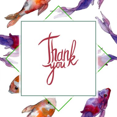 Su sualtı tropikal balık seti. Kızıldeniz ve egzotik balıkları içinde: Goldfish. Suluboya arka plan illüstrasyon küme. Suluboya çizim moda aquarelle izole. Çerçeve kenarlığı süsleme Meydanı.