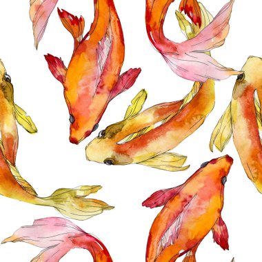 Su Balık seti. Kızıldeniz ve egzotik balıkları içinde: Goldfish. Suluboya resim kümesi. Suluboya çizim moda aquarelle. Sorunsuz arka plan deseni. Kumaş duvar kağıdı yazdırma doku.