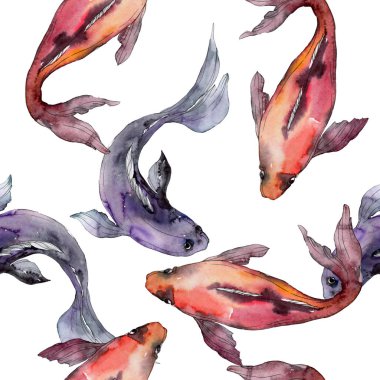 Su Balık seti. Kızıldeniz ve egzotik balıkları içinde: Goldfish. Suluboya resim kümesi. Suluboya çizim moda aquarelle. Sorunsuz arka plan deseni. Kumaş duvar kağıdı yazdırma doku.