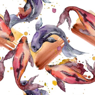 Su Balık seti. Kızıldeniz ve egzotik balıkları içinde: Goldfish. Suluboya resim kümesi. Suluboya çizim moda aquarelle. Sorunsuz arka plan deseni. Kumaş duvar kağıdı yazdırma doku.