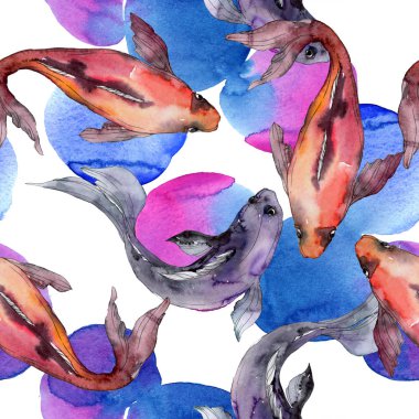 Su Balık seti. Kızıldeniz ve egzotik balıkları içinde: Goldfish. Suluboya resim kümesi. Suluboya çizim moda aquarelle. Sorunsuz arka plan deseni. Kumaş duvar kağıdı yazdırma doku.