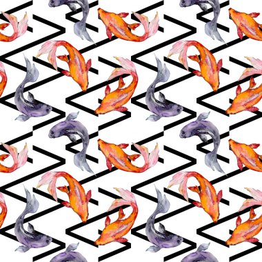 Su Balık seti. Kızıldeniz ve egzotik balıkları içinde: Goldfish. Suluboya resim kümesi. Suluboya çizim moda aquarelle. Sorunsuz arka plan deseni. Kumaş duvar kağıdı yazdırma doku.