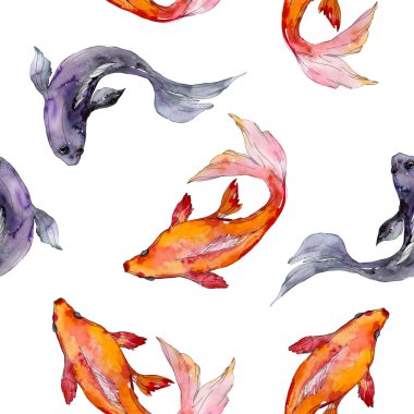 Su Balık seti. Kızıldeniz ve egzotik balıkları içinde: Goldfish. Suluboya resim kümesi. Suluboya çizim moda aquarelle. Sorunsuz arka plan deseni. Kumaş duvar kağıdı yazdırma doku.