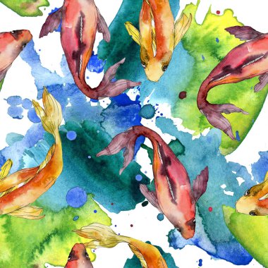 Su Balık seti. Kızıldeniz ve egzotik balıkları içinde: Goldfish. Suluboya resim kümesi. Suluboya çizim moda aquarelle. Sorunsuz arka plan deseni. Kumaş duvar kağıdı yazdırma doku.