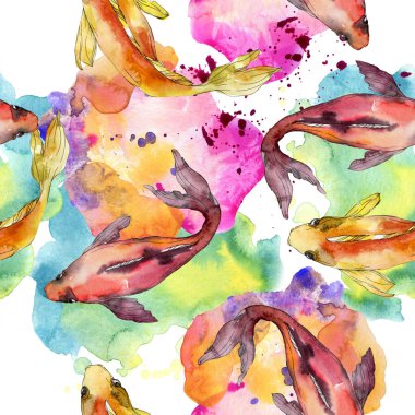 Su Balık seti. Kızıldeniz ve egzotik balıkları içinde: Goldfish. Suluboya resim kümesi. Suluboya çizim moda aquarelle. Sorunsuz arka plan deseni. Kumaş duvar kağıdı yazdırma doku.