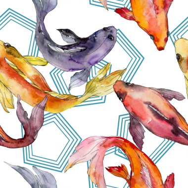 Su Balık seti. Kızıldeniz ve egzotik balıkları içinde: Goldfish. Suluboya resim kümesi. Suluboya çizim moda aquarelle. Sorunsuz arka plan deseni. Kumaş duvar kağıdı yazdırma doku.