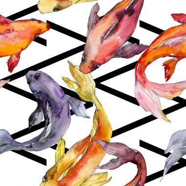 Su Balık seti. Kızıldeniz ve egzotik balıkları içinde: Goldfish. Suluboya resim kümesi. Suluboya çizim moda aquarelle. Sorunsuz arka plan deseni. Kumaş duvar kağıdı yazdırma doku.
