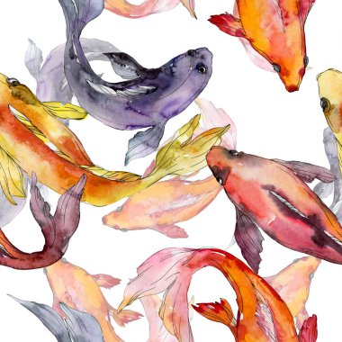Su Balık seti. Kızıldeniz ve egzotik balıkları içinde: Goldfish. Suluboya resim kümesi. Suluboya çizim moda aquarelle. Sorunsuz arka plan deseni. Kumaş duvar kağıdı yazdırma doku.