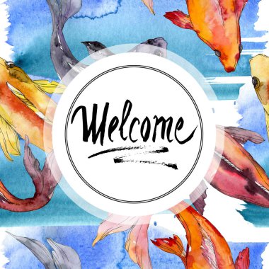 Su sualtı tropikal balık seti. Kızıldeniz ve egzotik balıkları içinde: Goldfish. Suluboya arka plan illüstrasyon küme. Suluboya çizim moda aquarelle izole. Çerçeve kenarlığı süsleme Meydanı.