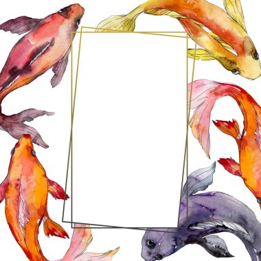 Su sualtı tropikal balık seti. Kızıldeniz ve egzotik balıkları içinde: Goldfish. Suluboya arka plan illüstrasyon küme. Suluboya çizim moda aquarelle izole. Çerçeve kenarlığı süsleme Meydanı.