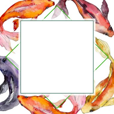 Su sualtı tropikal balık seti. Kızıldeniz ve egzotik balıkları içinde: Goldfish. Suluboya arka plan illüstrasyon küme. Suluboya çizim moda aquarelle izole. Çerçeve kenarlığı süsleme Meydanı.