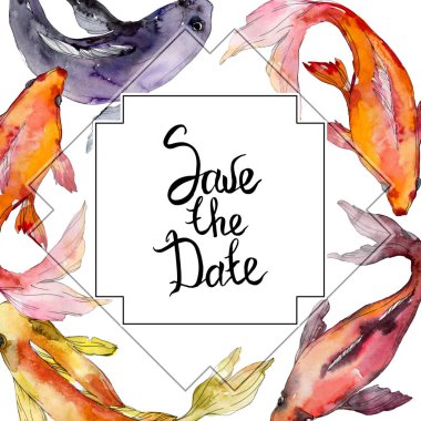 Su sualtı tropikal balık seti. Kızıldeniz ve egzotik balıkları içinde: Goldfish. Suluboya arka plan illüstrasyon küme. Suluboya çizim moda aquarelle izole. Çerçeve kenarlığı süsleme Meydanı.