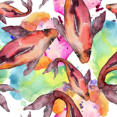 Su Balık seti. Kızıldeniz ve egzotik balıkları içinde: Goldfish. Suluboya resim kümesi. Suluboya çizim moda aquarelle. Sorunsuz arka plan deseni. Kumaş duvar kağıdı yazdırma doku.