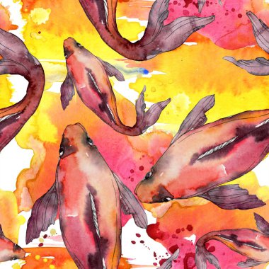 Su Balık seti. Kızıldeniz ve egzotik balıkları içinde: Goldfish. Suluboya resim kümesi. Suluboya çizim moda aquarelle. Sorunsuz arka plan deseni. Kumaş duvar kağıdı yazdırma doku.